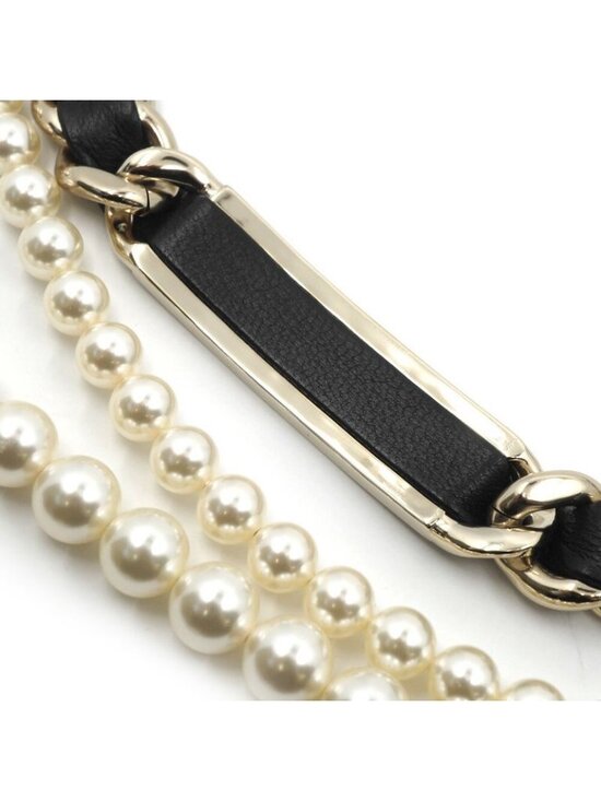 Chanel Double Pearl CC Logo Line Stone Plate Belt Leather Black Gold main image 8